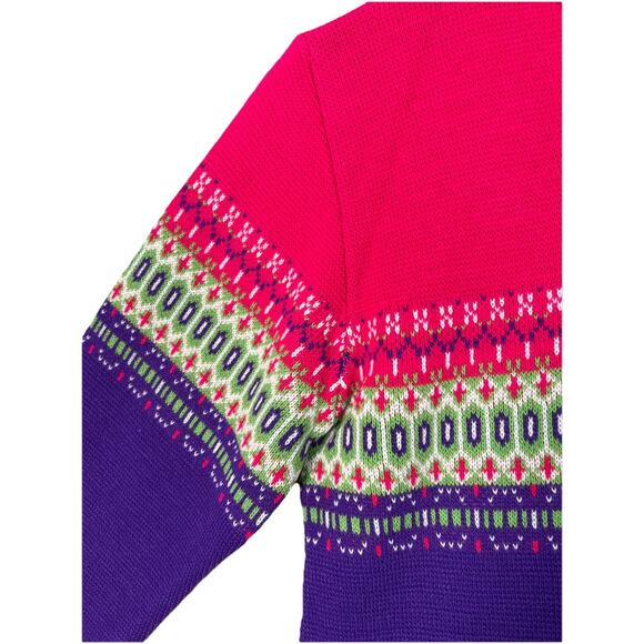 Vtg 90s Girls Ski Sweater Bright Pink Purple Green Geometric Fair Isle L USA - Picture 3 of 9